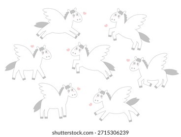 Ilustración vectorial de un lindo Pegaso con corazones. Conjunto de varias poses. El fondo blanco. Diseño sencillo.
