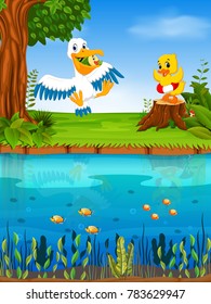 Vector illustration of Cute pelican and duck in the river