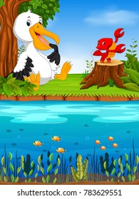 Vector illustration of cute pelican and lobster in the river