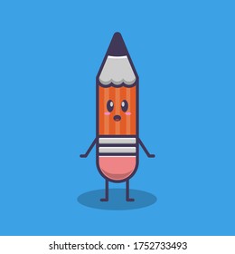 Vector illustration of Cute pencil. Flat Cartoon Style for Banner, Flyer, Sticker, greeting card,  Web Landing Page.