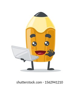 vector illustration of cute pencil mascot presentation with computer on white background