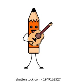 Vector illustration of a cute pencil playing guitar character logo, pencil mascot playing guitar music