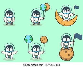 Vector Illustration of Cute Penguin with an astronaut costume. Funny Penguin Wearing Astronaut Costumes or Spacesuit Vector Set. Flat Cartoon Style.