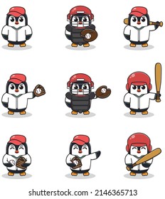 Vector Illustration of Cute Penguin with Baseball costume. Set of cute Penguin characters.