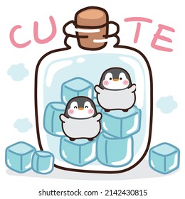Vector Illustration of cute penguin in bottle with ice hand drawn on white background.Cartoon character design.Animal doodle.Kawaii.Image for kid wear,card,poster,sticker.