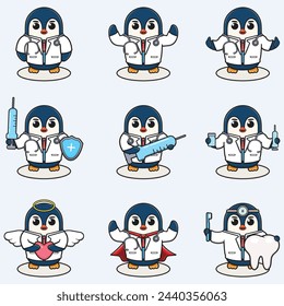 Vector Illustration of Cute Penguin cartoon with Doctor costume. Set of cute Penguin characters. Collection of funny little Penguin.