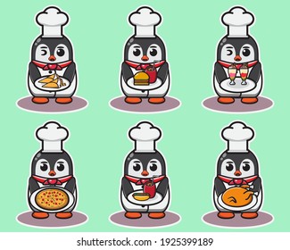 Vector illustration of cute Penguin Chef cartoon with food. Cute Penguin expression character design bundle. Good for icon, logo, label, sticker, clipart.