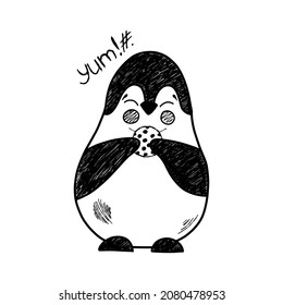 Vector illustration with a cute penguin with cookies, black and white illustration in hand style. Children's illustration with an animal for T-shirts, postcards, pajamas, posters.