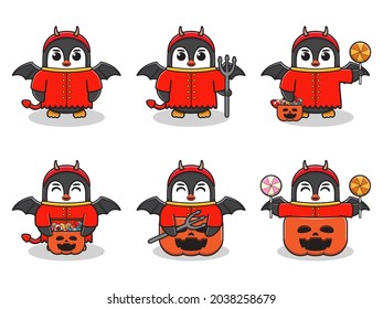 Vector illustration of cute Penguin with Devil costume. Penguin character vector design. Good for label, sticker, clipart.