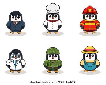 Ilustración vectorial con un pingüino lindo de diferentes profesiones. lindo trabajo Juego de manojos de dibujos animados.