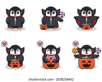 Vector illustration of cute Penguin with Dracula costume. Penguin character vector design. Good for label, sticker, clipart.