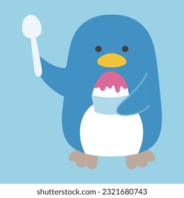 Vector illustration of a cute penguin eating shaved ice in the summer season