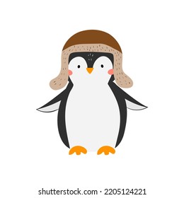 Vector illustration of a cute penguin. Penguin in a fashionable hat with earflaps. Cute arctic animal in winter clothes. Vector illustration on the theme of winter. Children's illustration.