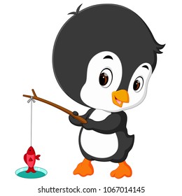 vector illustration of cute penguin fishing
