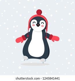 vector illustration of cute penguin flat in red hat. The icon for the site. Greeting card happy new year and merry Christmas