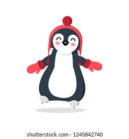 vector illustration of cute penguin flat in red hat. The icon for the site. Winter new year and Christmas