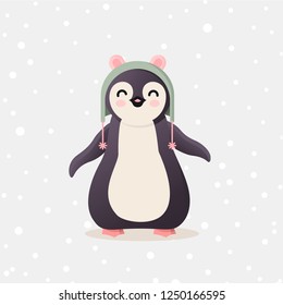 vector illustration of cute penguin flat in green hat. The icon for the site. Greeting card happy new year and merry Christmas