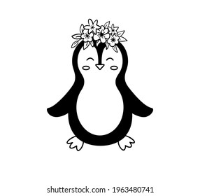 Vector illustration of a cute penguin with flowers on his head.. The clip art in a simple style isolated on a white background.