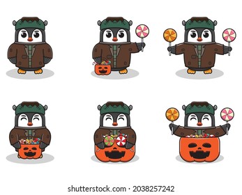 Vector illustration of cute Penguin with Frankenstein costume. Penguin character vector design. Good for label, sticker, clipart.