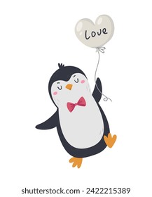 Vector illustration of a cute penguin holding a balloon. Isolated Valentine's Day illustration on white background