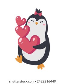 Ilustración vectorial de un pingüino lindo sosteniendo el corazón. Ilustración aislada del Día de San Valentín sobre fondo blanco
