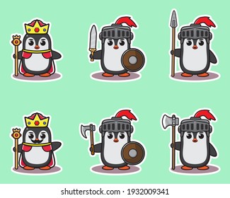 Vektorgrafik des süßen Penguin King und Rittercartoon Set. Penguin König und Ritter Set. Gut für Ikone, Logo, Label, Aufkleber, Clipkunst.