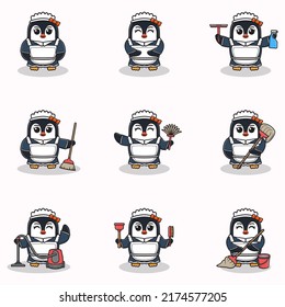 Vector illustration of cute Penguin with maid uniform. Animal character design. Penguin with cleaning equipment. Set of cute Penguin characters.