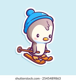 Vector illustration of cute penguin on skis isolated on white. Cute cartoon animal. Winter sport sticker design.
