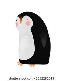 Vector Illustration with Cute Penguin on a White Background. Big Hand Drawn Arctic Bird. Infantile Style Drawing-like of Happy Penguin. RGB.