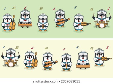 Vector Illustration of Cute Penguin sailors Music Band. Big set of cute Animal cartoon in professions. Penguin Cartoon flat style.