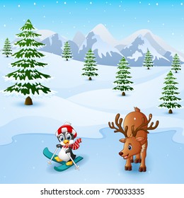 Vector illustration of Cute penguin skiing with deer in the snowing hill