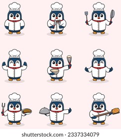 Vector Illustration of Cute Penguin wearing chef uniform. Flat Cartoon Style. Set of Cute Animal Characters in Chef Uniform. Vector illustration in isolated background