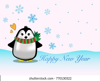 Vector and illustration of cute penguin wearing Christmas theme cloth and scarf standing on iceberg in the north pole with blue snowflake and snowfall background, for Christmas, winter new year 