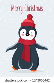 vector illustration of cute penguin in winter in red hat and scarf. Pretty penguin flat style. poster or postcard with penguin and Christmas