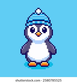 Vector Illustration of Cute Penguin with Winter Hat with Pixel Art Design, perfect for game assets themed designs