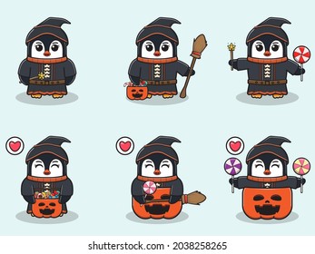Vector illustration of cute Penguin with Witch costume. Penguin character vector design. Good for label, sticker, clipart.