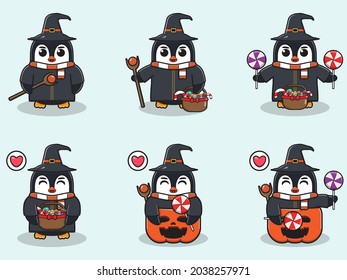 Vector illustration of cute Penguin with Wizard costume. Penguin character vector design. Good for label, sticker, clipart.