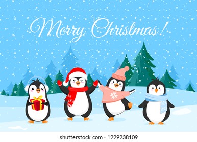 Vector illustration of cute penguins in Christmas clothes. Winter holidays banner, Merry Christmas greetings. Happy and funny penguins on winter forest background.