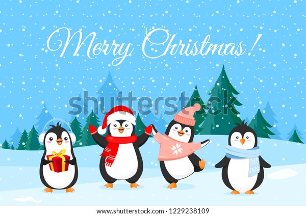 クリスマス服を着たかわいいペンギンのベクターイラスト 冬休みの旗 メリークリスマス挨拶 冬の森の背景に幸せで面白いペンギン のベクター画像素材 ロイヤリティフリー