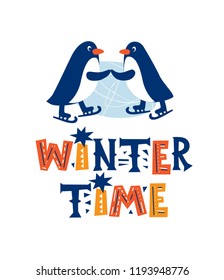 Vector illustration of cute penguins holding hands and hand drawn lettering Winter time. Couple in love skating. For postcard, poster for Merry Christmas, Happy new year, Valentine's Day, nursery