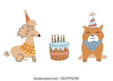 Vector illustration with cute pets and cake.Hand drawn dog in party hat. Doodle cute poodle and bulldog