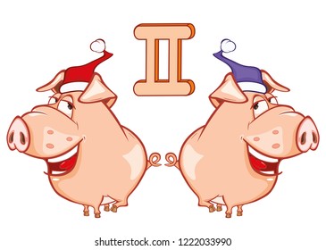 Vector Illustration of a Cute Pig. Astrological Sign in the Zodiac Gemini. Cartoon Character