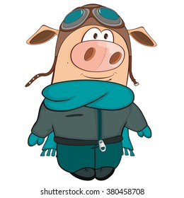 Vector Illustration of a Cute Pig Aviator. Cartoon Character