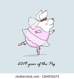 vector illustration of cute pig ballerina dancing, symbol of the new 2019,cartoon design