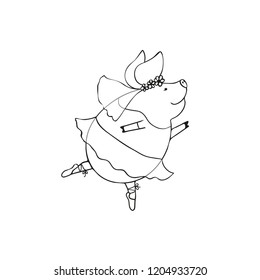 vector illustration of cute pig ballerina dancing, linear design isolated on a white background