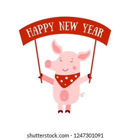 Vector illustration of cute pig with banner and Happy New Year text. Zodiac simbol of Chinese New Year 2019. Useful for calendar, banner, greeting card. Cartoon animal with polka dot neckerchief
