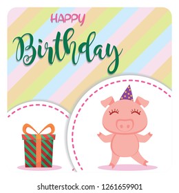 Vector illustration of cute pig. Birthday greeting card design.
