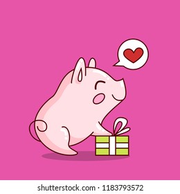 Vector illustration of cute pig cartoon isolated on pink background, speach bubble with love