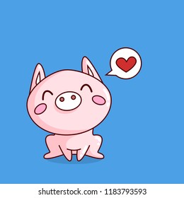 Vector illustration of cute pig cartoon isolated on blue background, speach bubble with love