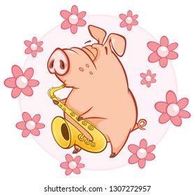  Vector Illustration of a Cute Pig. Cartoon Character 